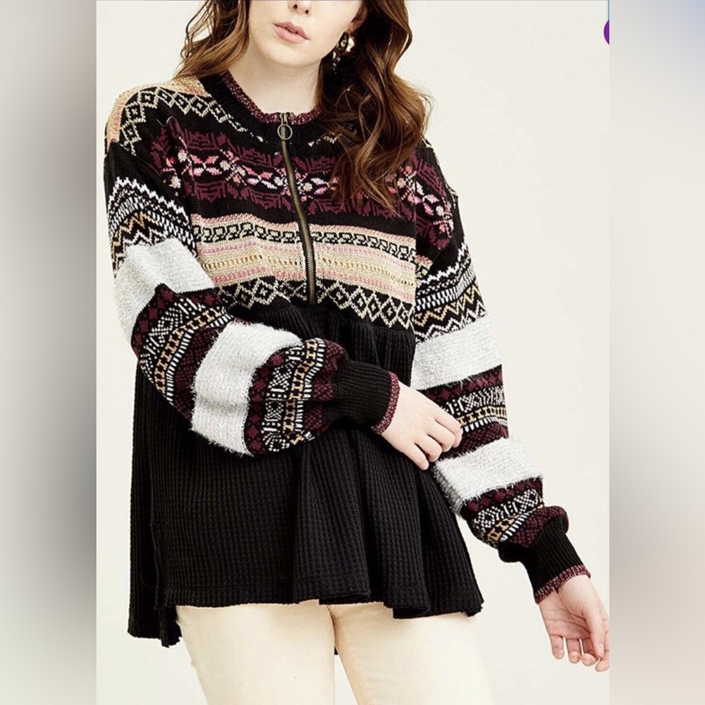 Free People Black Metallic Cabin Fever Fair Isle Sweater